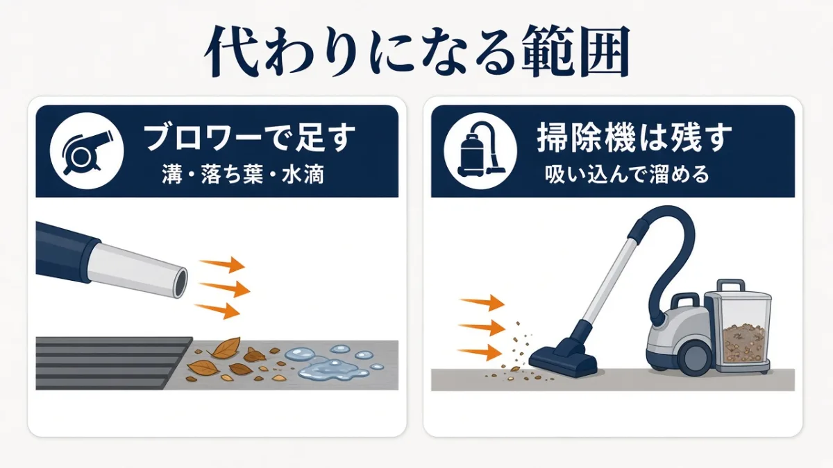 溝や落ち葉はブロワー、床のホコリは掃除機