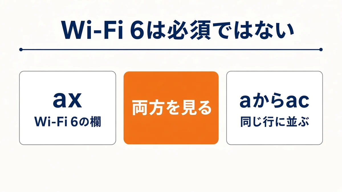 axはWi-Fi 6の欄、aからacも同じ行