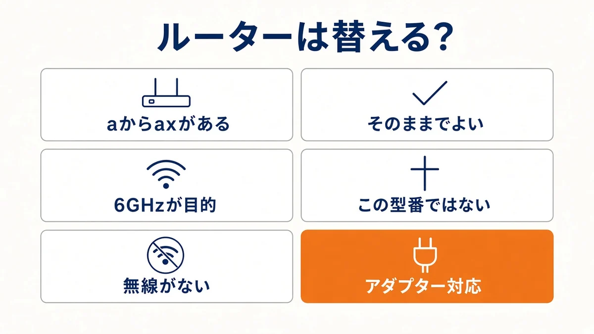 文字が行にあればルーターはそのまま。6GHz目的や無線なしは別