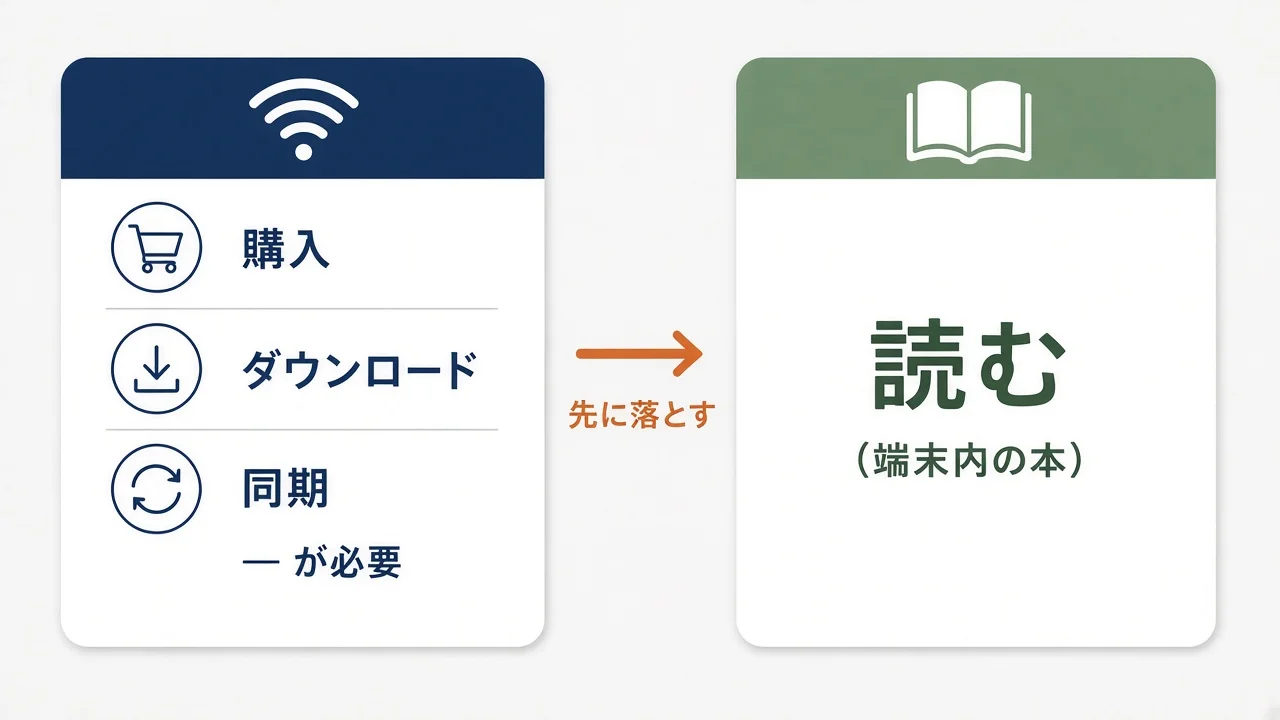 購入・落とす・同期はWi-Fi側、読むは端末に入った本